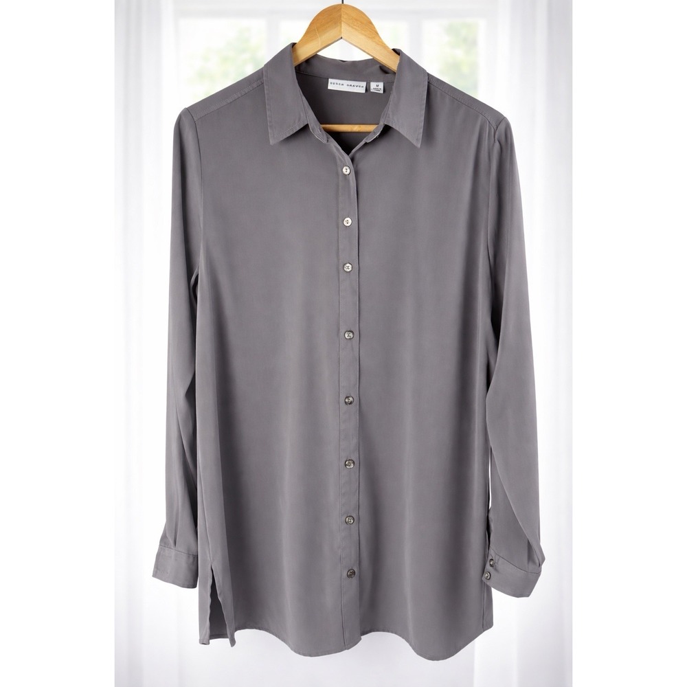Susan Graver Button Up Blouse Top‎ Career Layered Gray Long Sleeve Size  M